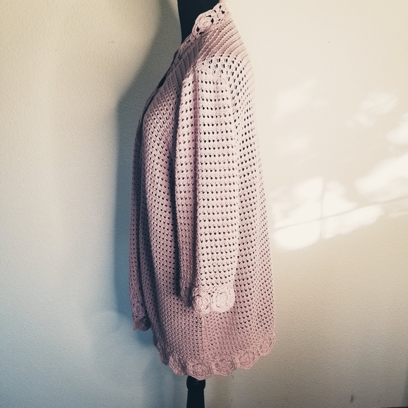 Knit Cardigan Crochet Granny Square TrimOpen Front 3/4 Sleeve Cotton Blend - Picture 5 of 8